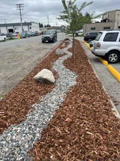 River stone swale through the parking lot planting bed
